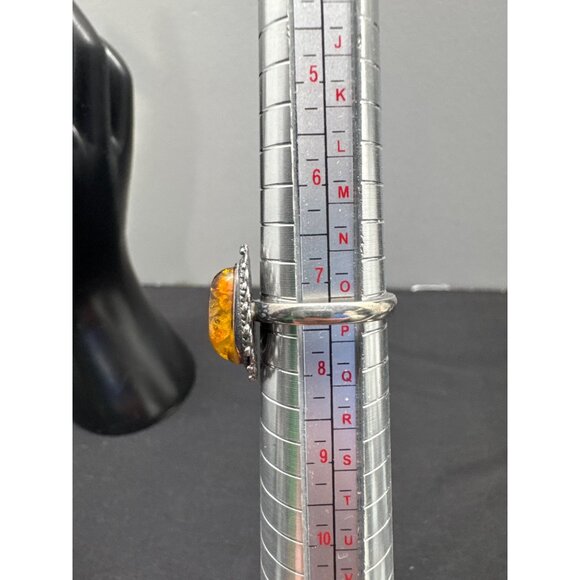 Vintage Sterling Silver Ring With Amber Oval Stone & Decorative Bezel Setting - Picture 8 of 11